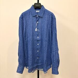 Sonrisa Washed Collection Blue Linen Pattern Long Sleeve Shirt Medium Button Up
